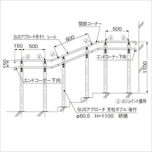 スギカウ / SUSアプローチ手すり 支柱シングル 800 後付タイプ 研磨