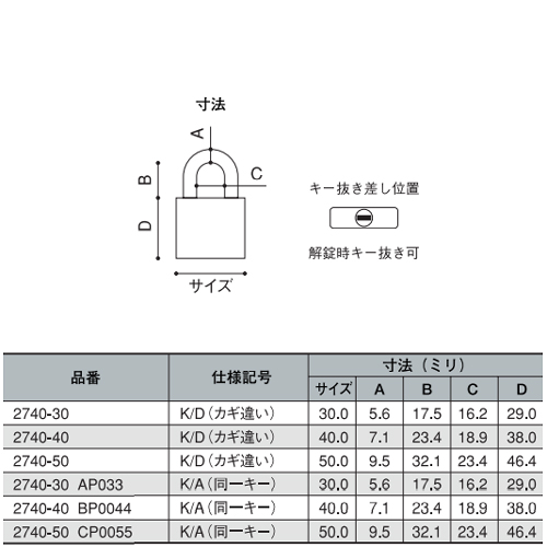スギカウ / ステンレス南京錠 N2740-40 鍵違い K/D
